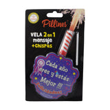 VELA PASTEL PILLINES 2 EN 1 MENSAJE + CHISPAS LA COLMENA