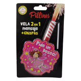 VELA PASTEL PILLINES 2 EN 1 MENSAJE + CHISPAS LA COLMENA