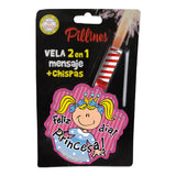 VELA PASTEL PILLINES 2 EN 1 MENSAJE + CHISPAS LA COLMENA