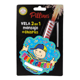 VELA PASTEL PILLINES 2 EN 1 MENSAJE + CHISPAS LA COLMENA